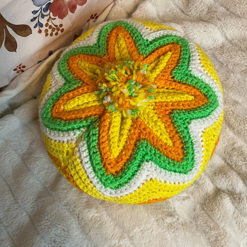 VTG Crochet Handmade Hippie Boho Yellow Green White Pom Decor Throw Neon Pillow